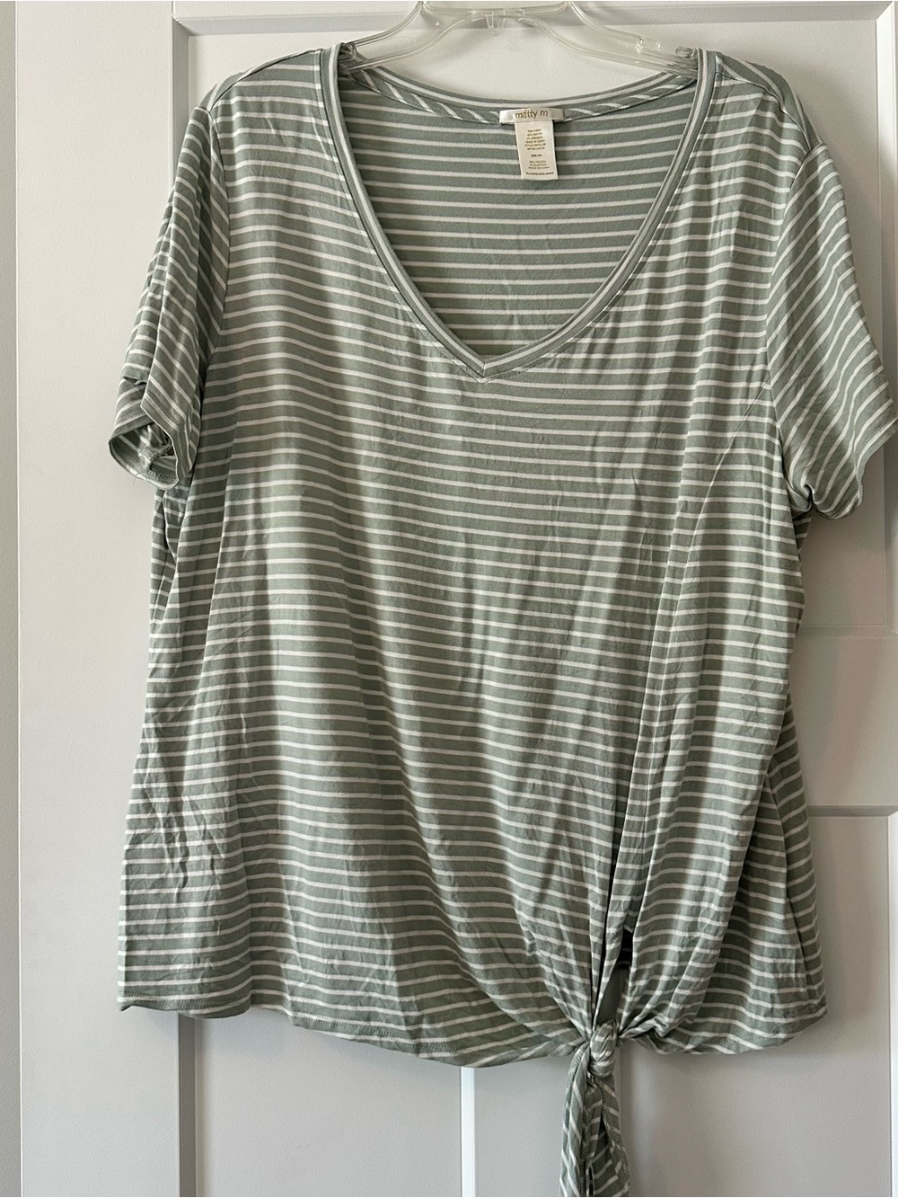 Matty M Sage and White Striped V-Neck Tie-Hem Tee